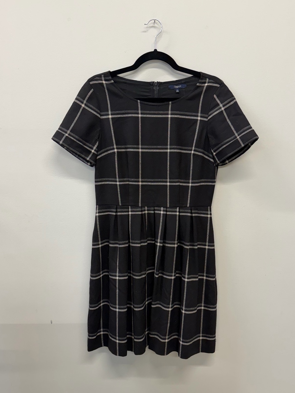 Madewell Black Windowpane Short Sleeve Fit-and-Flare Dress